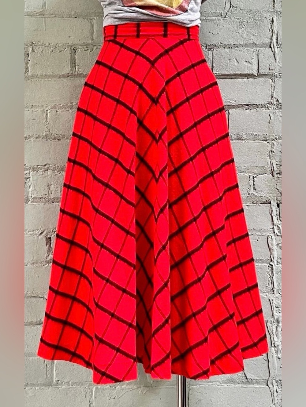Vintage Red Black Windowpane Check Midi Circle Skirt
